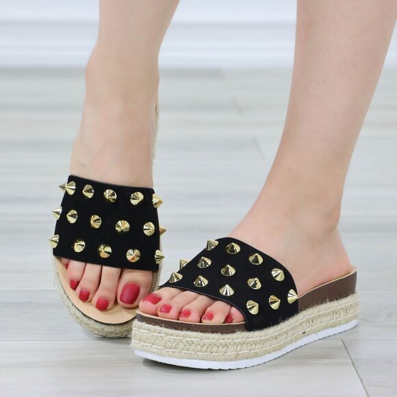 Black Platform Sandals Gold Studs Woven Midsole Chunky Sole Slip-On - Picture 11 of 11